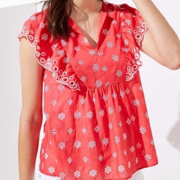 Loft Melon Eyelet Embroidery Summer Top Cottagecore Coastal Cowgirl - Picture 1 of 10